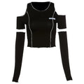 Patchwork Black T-shirts Gothic One Shoulder Sleeve Y2k Crop Tops Ruffles Hem Hip Hop Techwear Women Tees - SS69