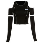 Patchwork Black T-shirts Gothic One Shoulder Sleeve Y2k Crop Tops Ruffles Hem Hip Hop Techwear Women Tees - SS69