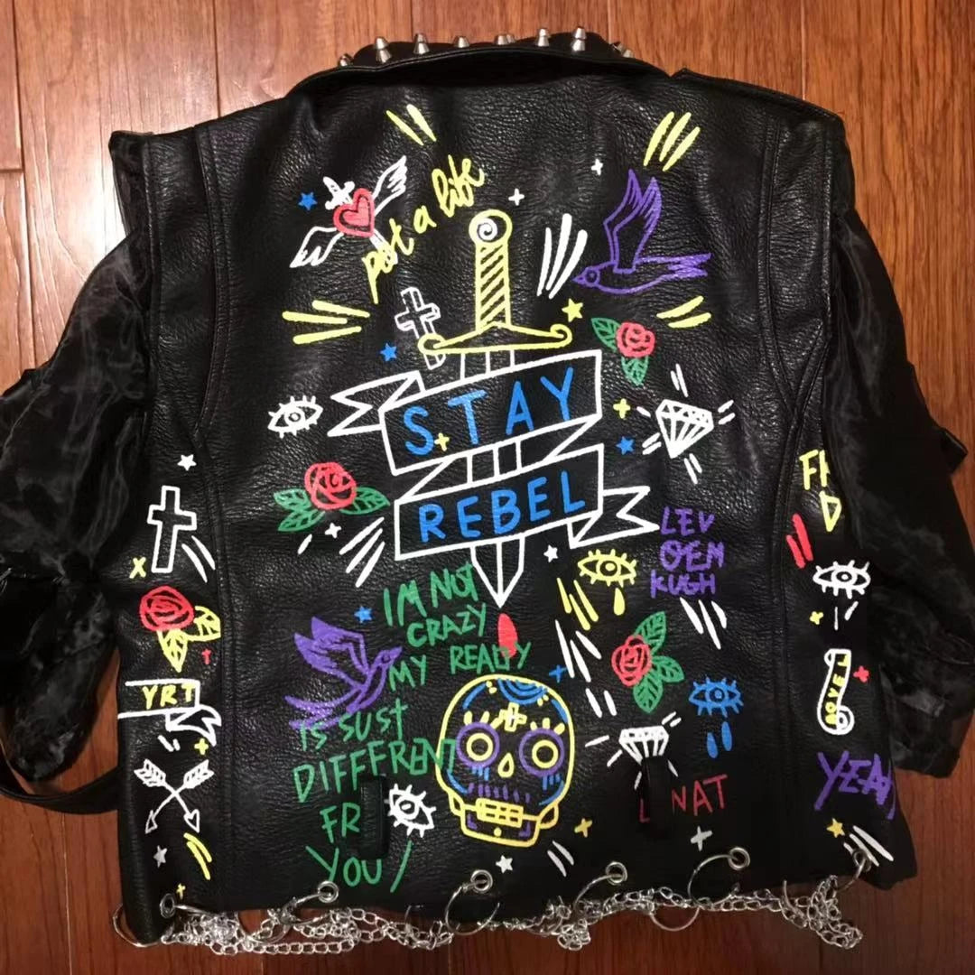 Fashion chain beading leather jacket Locomotive graffiti cartoon pu Leather Jacket female Punk Motorcyle Jacket with belt F2161 SS69