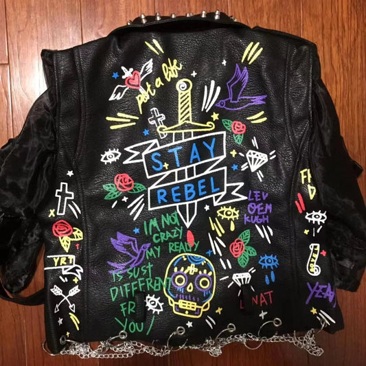 Fashion chain beading leather jacket Locomotive graffiti cartoon pu Leather Jacket female Punk Motorcyle Jacket with belt F2161 SS69