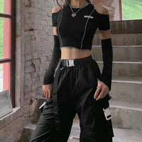 Patchwork Black T-shirts Gothic One Shoulder Sleeve Y2k Crop Tops Ruffles Hem Hip Hop Techwear Women Tees SS69