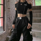 Patchwork Black T-shirts Gothic One Shoulder Sleeve Y2k Crop Tops Ruffles Hem Hip Hop Techwear Women Tees SS69