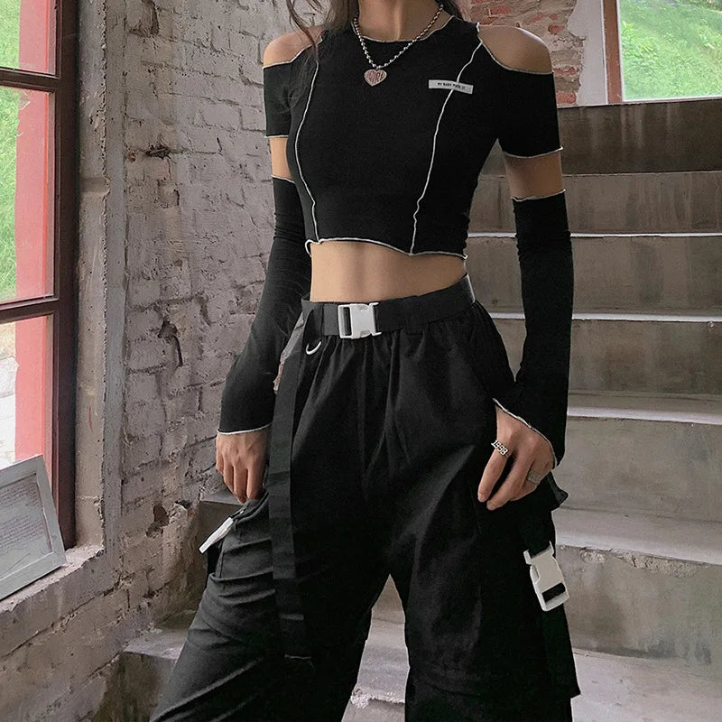 Patchwork Black T-shirts Gothic One Shoulder Sleeve Y2k Crop Tops Ruffles Hem Hip Hop Techwear Women Tees SS69