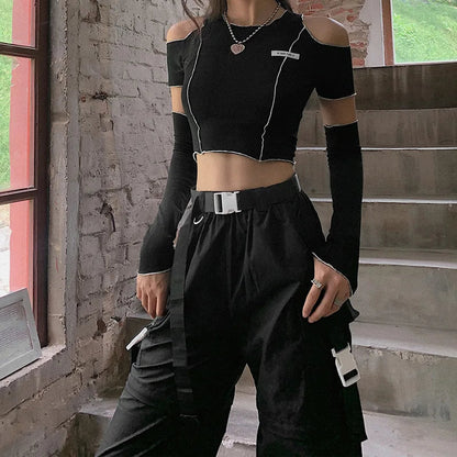 Patchwork Black T-shirts Gothic One Shoulder Sleeve Y2k Crop Tops Ruffles Hem Hip Hop Techwear Women Tees SS69