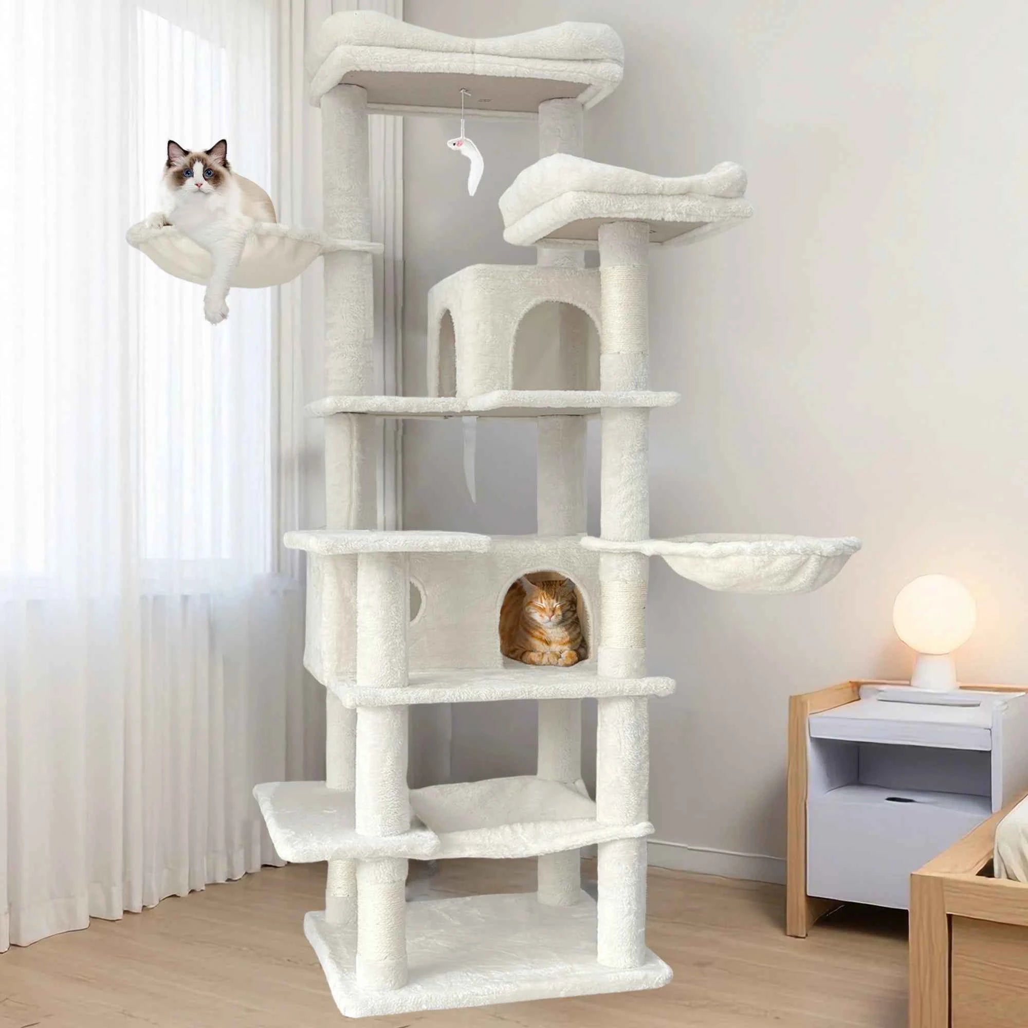 [Low stock] Modern Eco-Friendly Cat Climbing Frame MFD Material Durable Construction 4-Level Design Spacious Perch Hanging Toys Easy Cats