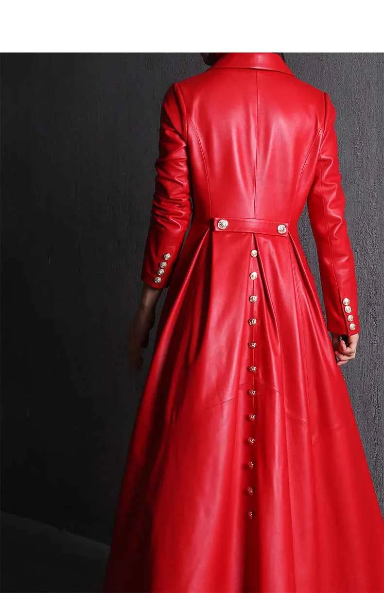 Lautaro Autumn Long Skirted Red Black Faux Leather Trench Coat for Women Double Breasted Elegant Luxury Fashion 4xl 5xl 6xl 7xl