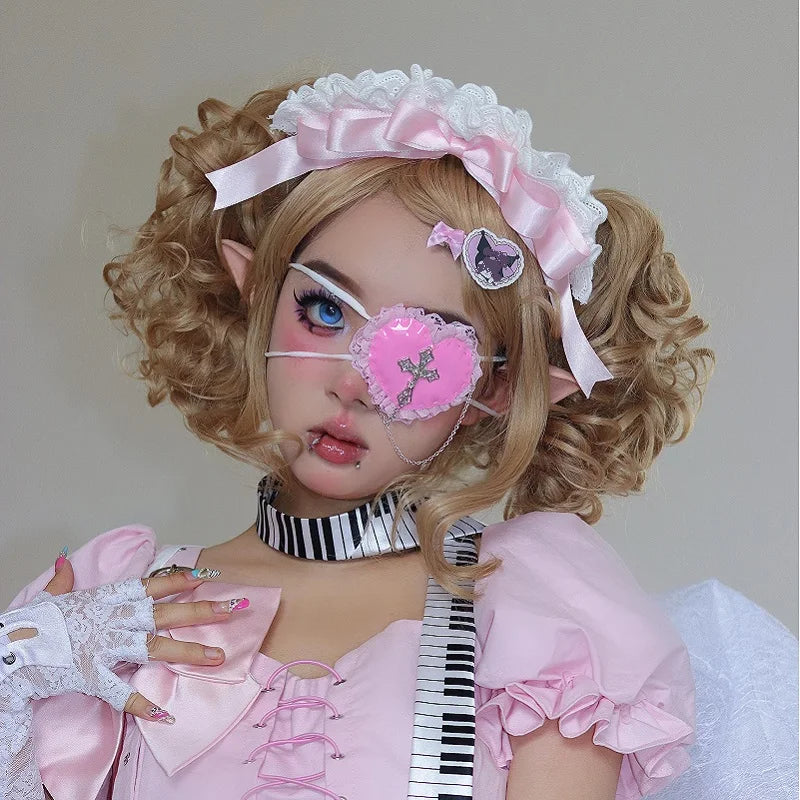 Harajuku Y2k Girls Sweet Pink Cross Lace Eyepatch Japanese Lolita Cosplay Accessory SS69