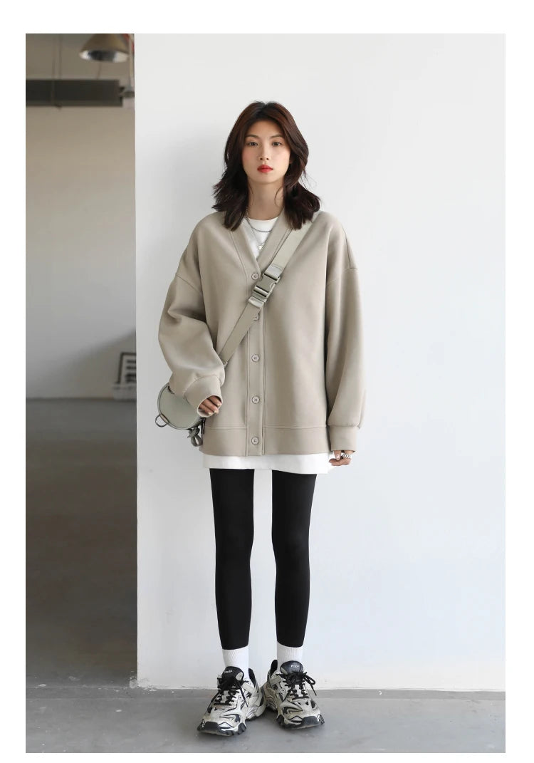 CHIC VEN Korean Autumn Winter Women's Sports Coat Casual Loose V-neck Sweatshirt for Women Thick Warm Tops Office Lady Female