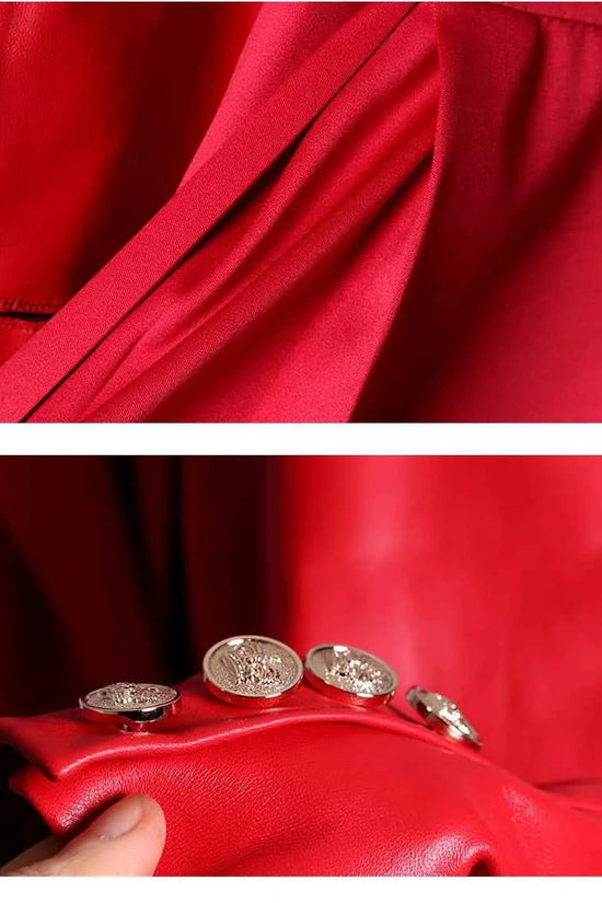 Lautaro Autumn Long Skirted Red Black Faux Leather Trench Coat for Women Double Breasted Elegant Luxury Fashion 4xl 5xl 6xl 7xl