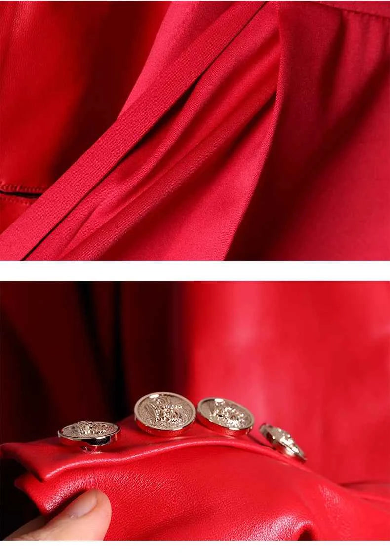 Lautaro Autumn Long Skirted Red Black Faux Leather Trench Coat for Women Double Breasted Elegant Luxury Fashion 4xl 5xl 6xl 7xl