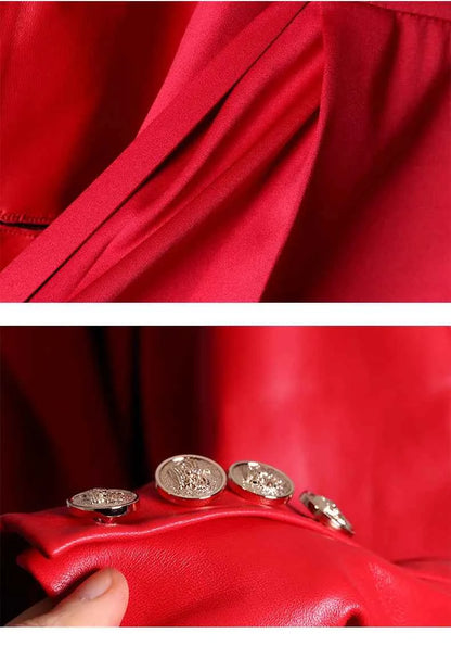 Lautaro Autumn Long Skirted Red Black Faux Leather Trench Coat for Women Double Breasted Elegant Luxury Fashion 4xl 5xl 6xl 7xl