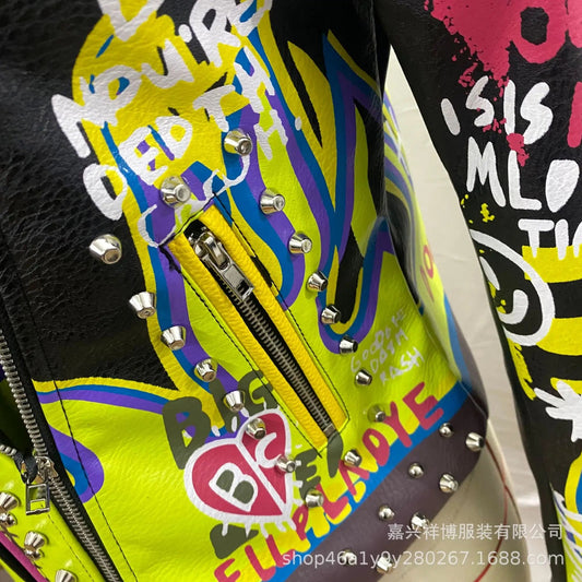 4XL fashion graffiti beading Women pu Leather Jacket Punk Style Motorcyle embrodiery leather Jackets Coats Streetwear F803 SS69