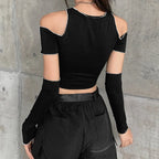 Patchwork Black T-shirts Gothic One Shoulder Sleeve Y2k Crop Tops Ruffles Hem Hip Hop Techwear Women Tees SS69