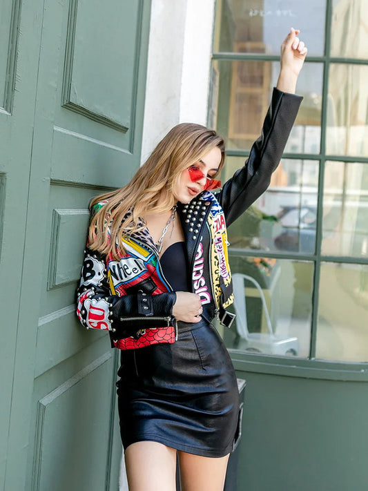 Autumn spring Locomotive graffiti cartoon pu Leather Jacket female Punk Style was thin Motorcyle Jackets Coat with belt F1962 SS69