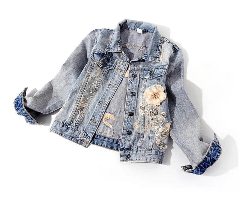2024 New Autumn Women’s Denim Jacket Long Sleeve Overcoat Loose Three-dimensional Button Pearls Outwear Ripped Jeans Jackets SS69