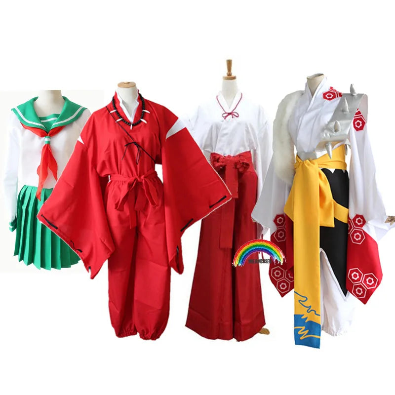 Anime Inuyasha Cosplay Costumes Red Japanese Kimono Higurashi Kagome Kikyo Sesshoumaru for Halloween Party Wigs Free wigcap