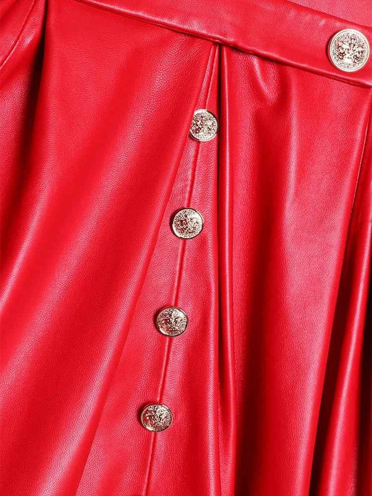 Lautaro Autumn Long Skirted Red Black Faux Leather Trench Coat for Women Double Breasted Elegant Luxury Fashion 4xl 5xl 6xl 7xl