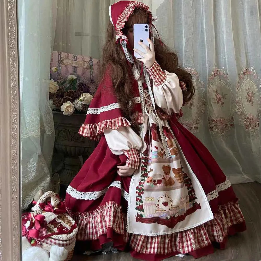 MAGOGO Christmas Lolita Dress Kawaii Costume Red Cloak Soft Sister Long Sleeve Party OP Victorian Dress Japanese Lolita Clothing