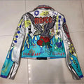 4XL fashion graffiti beading Women pu Leather Jacket Punk Style Motorcyle embrodiery leather Jackets Coats Streetwear F803 SS69 100.69 rose bird / S