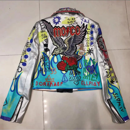 4XL fashion graffiti beading Women pu Leather Jacket Punk Style Motorcyle embrodiery leather Jackets Coats Streetwear F803 SS69 100.69 rose bird / S