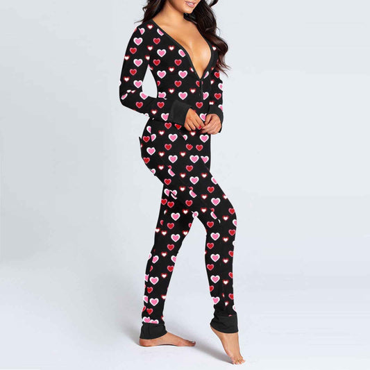 Sexy Women Pajamas Onesies Button-down Buttoned Flap Adults Pyjama Autumn Long Sleeve V-neck Jumpsuit Female Bodysuit Sleepwear