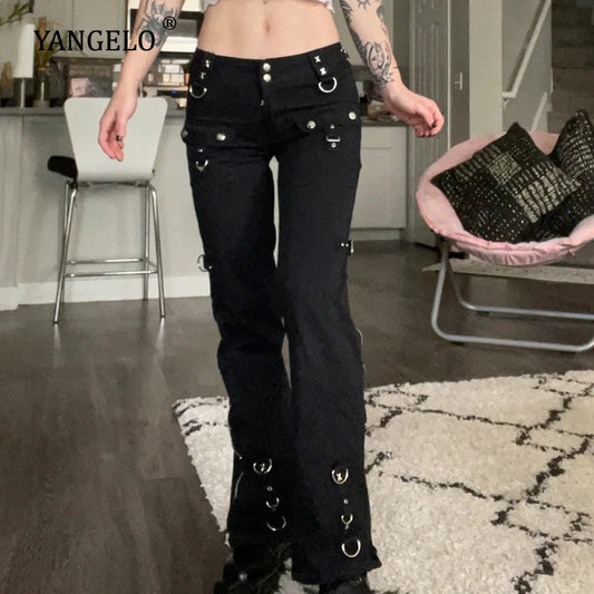 Yangelo Dark Punk Y2k Grunge Low Waist Emo Jeans Mall Gothic Women Black Patchwork Electro Pants Fashion Streetwear Alt Clothes SS69