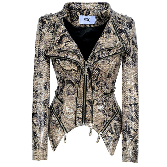 SX women 2019 spring autumn denim rivet punk Short Slim fit jacket motorcycle Windbreaker zipper outerwear SS69 72.69 Snake print PU / XXXL / CHINA