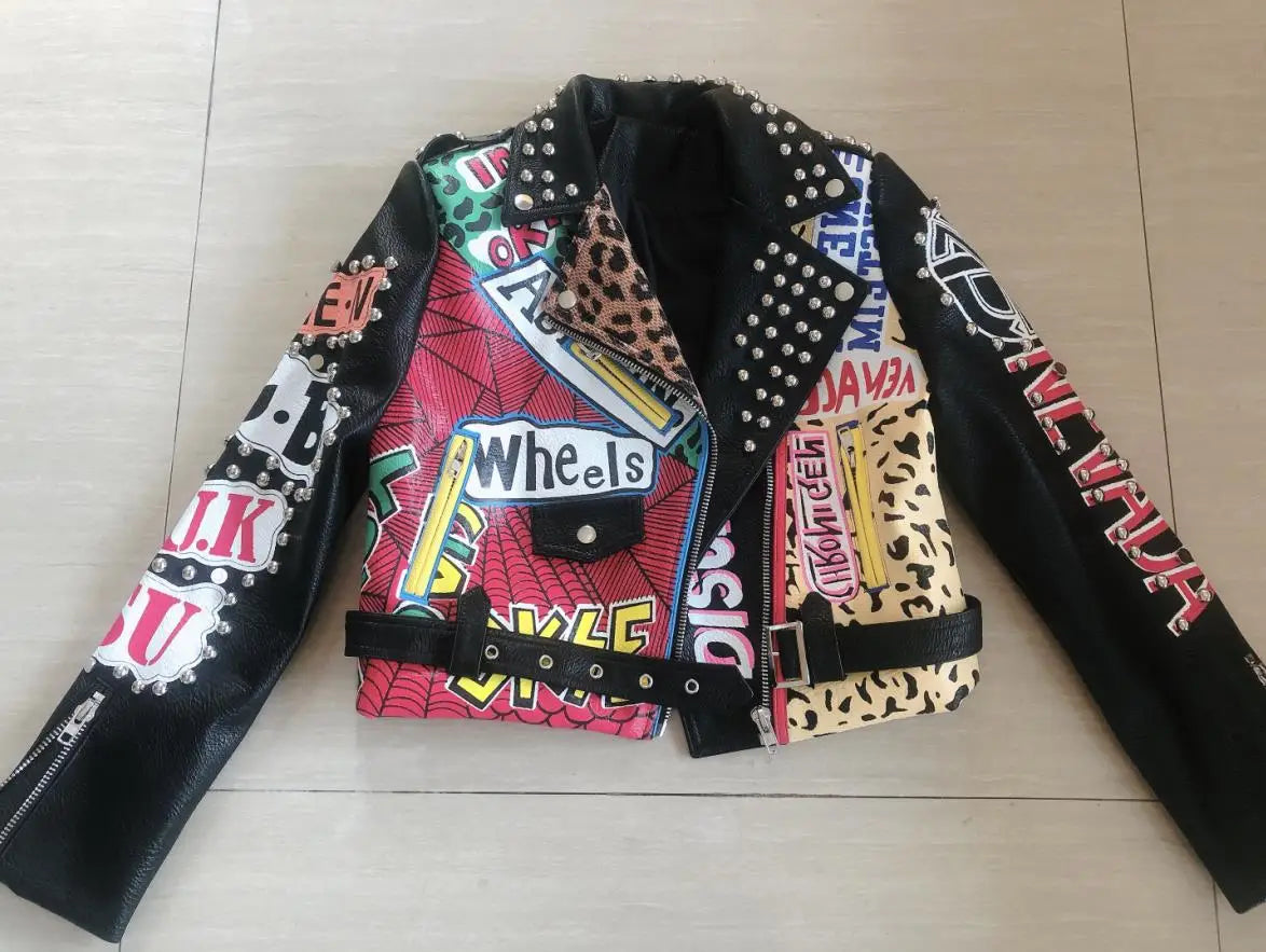 Autumn spring Locomotive graffiti cartoon pu Leather Jacket female Punk Style was thin Motorcyle Jackets Coat with belt F1962 SS69