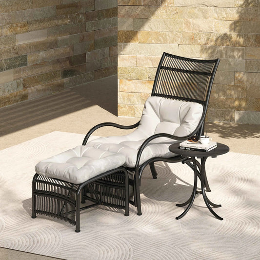 3 Pieces Wicker Outdoor Patio Furniture Set with Lounge Chair for Garden Deck and Porch