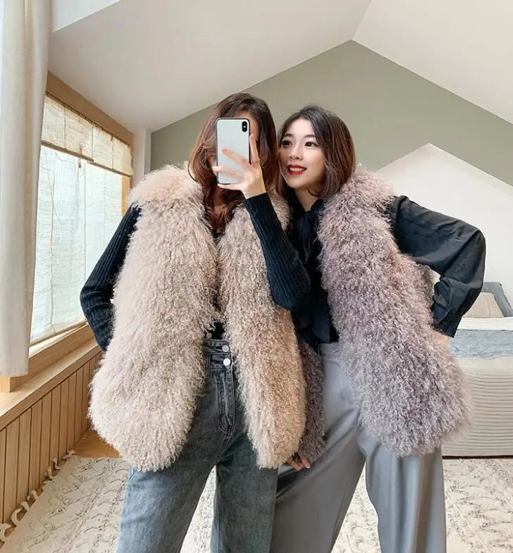 Real Mongolia Sheep Fur Vest - Natural Long Fur Gilet