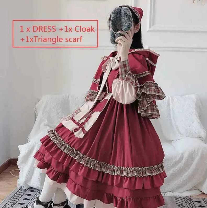 MAGOGO Christmas Lolita Dress Kawaii Costume Red Cloak Soft Sister Long Sleeve Party OP Victorian Dress Japanese Lolita Clothing