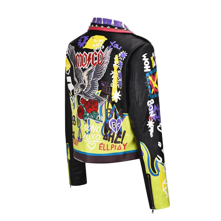 4XL fashion graffiti beading Women pu Leather Jacket Punk Style Motorcyle embrodiery leather Jackets Coats Streetwear F803 SS69