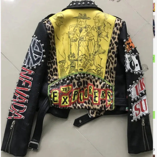 Autumn spring Locomotive graffiti cartoon pu Leather Jacket female Punk Style was thin Motorcyle Jackets Coat with belt F1962 SS69