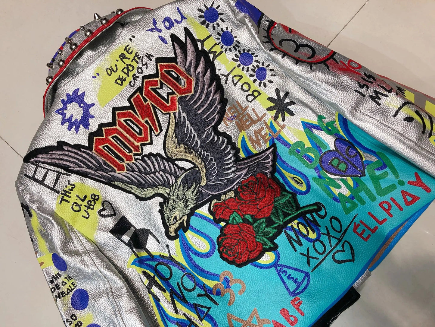 4XL fashion graffiti beading Women pu Leather Jacket Punk Style Motorcyle embrodiery leather Jackets Coats Streetwear F803 SS69