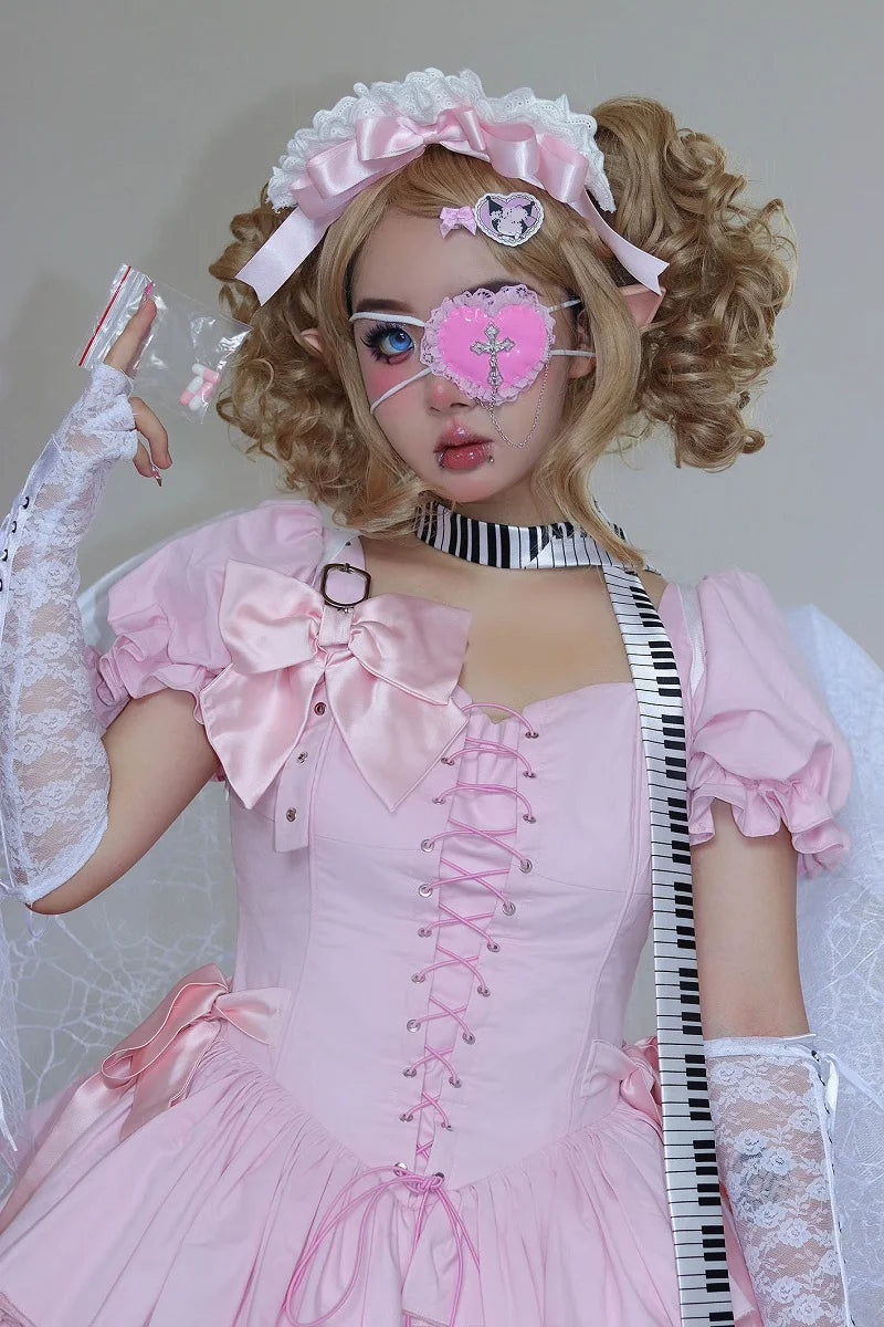 Harajuku Y2k Girls Sweet Pink Cross Lace Eyepatch Japanese Lolita Cosplay Accessory SS69