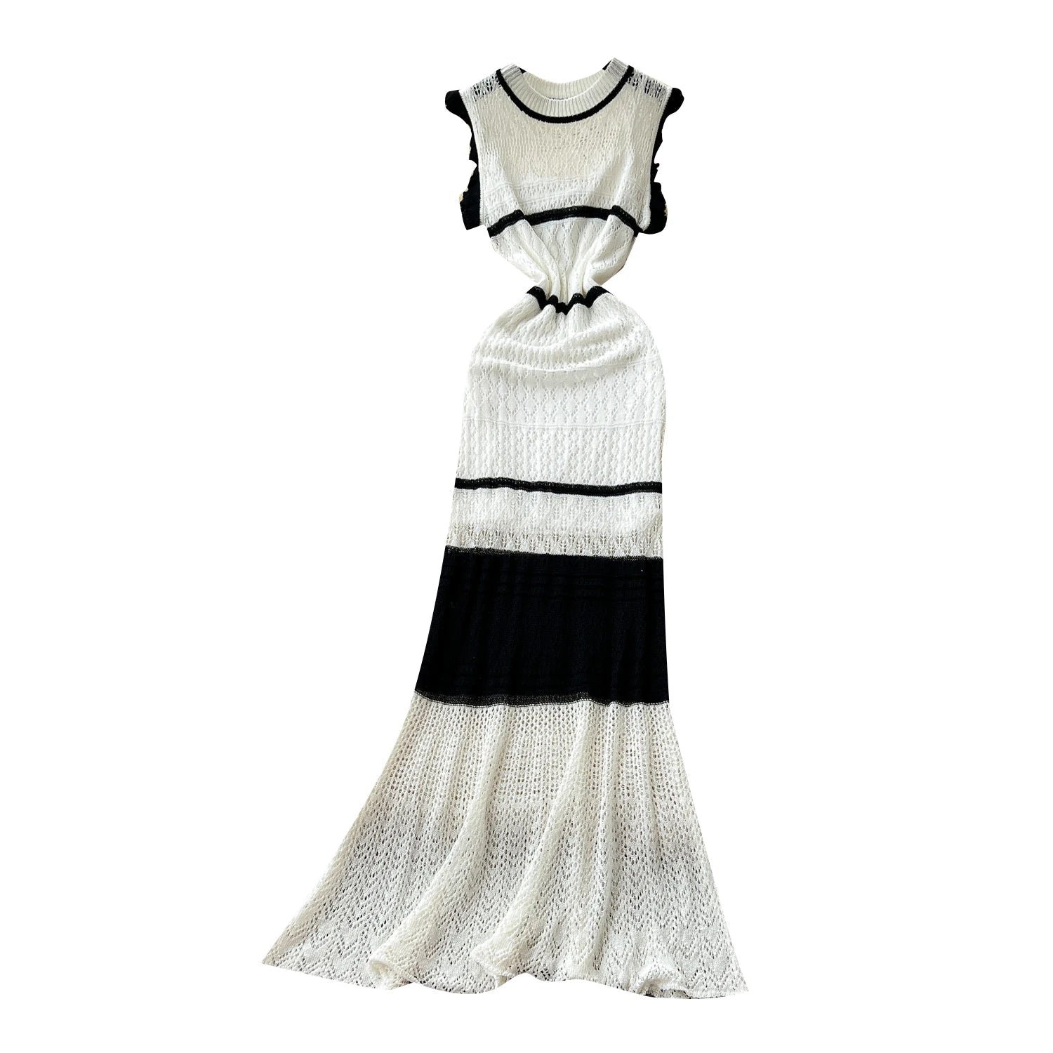 Summer Korean Tunic Knit Midi Dress For Women Empire Contrast Color Hollow Out Lace Dress SS69