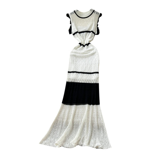 Summer Korean Tunic Knit Midi Dress For Women Empire Contrast Color Hollow Out Lace Dress SS69