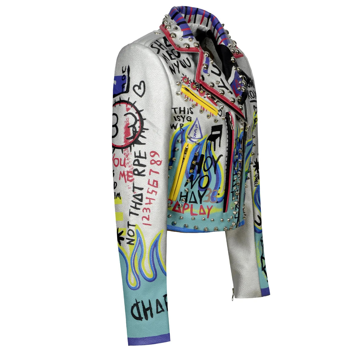 4XL fashion graffiti beading Women pu Leather Jacket Punk Style Motorcyle embrodiery leather Jackets Coats Streetwear F803 SS69