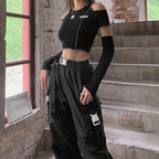 Patchwork Black T-shirts Gothic One Shoulder Sleeve Y2k Crop Tops Ruffles Hem Hip Hop Techwear Women Tees SS69