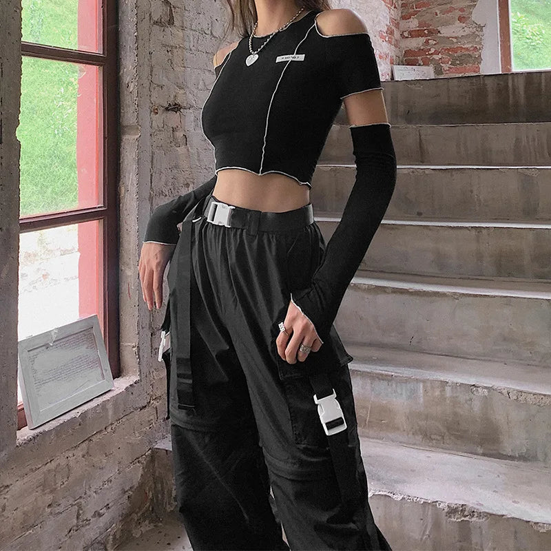 Patchwork Black T-shirts Gothic One Shoulder Sleeve Y2k Crop Tops Ruffles Hem Hip Hop Techwear Women Tees SS69