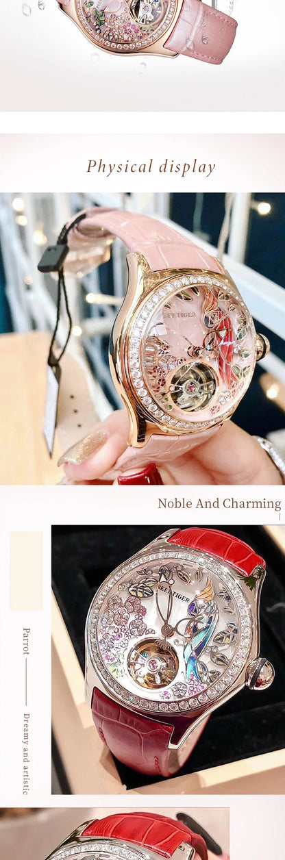 Reef Tiger/RT Womens Luxury Fashion Watches Diamond Automatic Tourbillon Watch Leather Strap Watch Relogio Feminino RGA7105 SS69