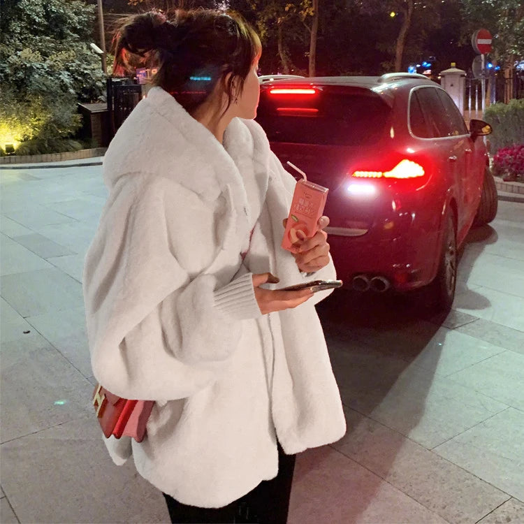 Nerazzurri Winter White Oversized Faux Fur Jacket Women with Hood Raglan Sleeve Zipper Korean Fashion Clothing for Womens 2021