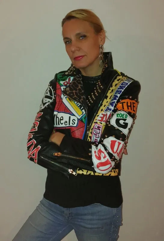 Autumn spring Locomotive graffiti cartoon pu Leather Jacket female Punk Style was thin Motorcyle Jackets Coat with belt F1962 SS69