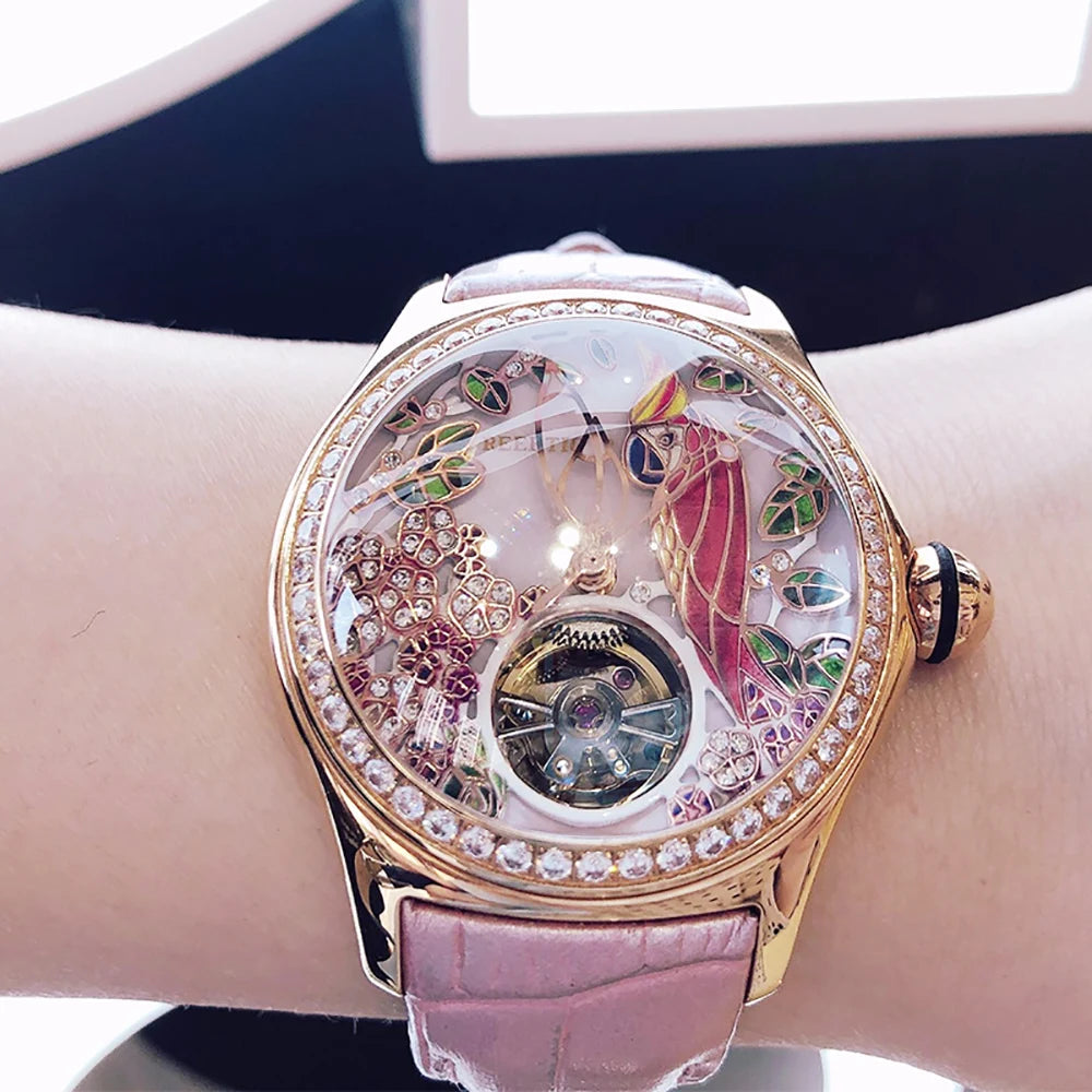 Reef Tiger/RT Womens Luxury Fashion Watches Diamond Automatic Tourbillon Watch Leather Strap Watch Relogio Feminino RGA7105 SS69