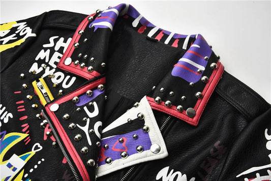 4XL fashion graffiti beading Women pu Leather Jacket Punk Style Motorcyle embrodiery leather Jackets Coats Streetwear F803 SS69