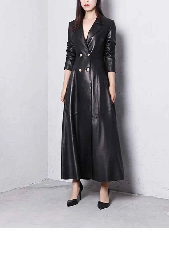 Lautaro Autumn Long Skirted Red Black Faux Leather Trench Coat for Women Double Breasted Elegant Luxury Fashion 4xl 5xl 6xl 7xl