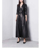 Lautaro Autumn Long Skirted Red Black Faux Leather Trench Coat for Women Double Breasted Elegant Luxury Fashion 4xl 5xl 6xl 7xl