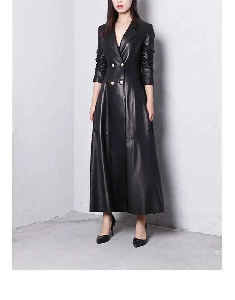 Lautaro Autumn Long Skirted Red Black Faux Leather Trench Coat for Women Double Breasted Elegant Luxury Fashion 4xl 5xl 6xl 7xl