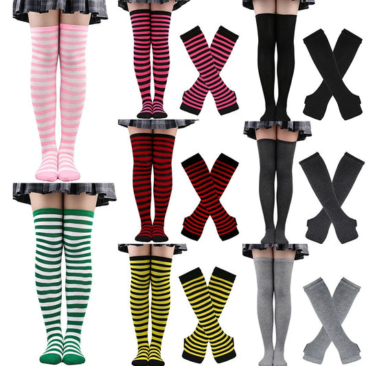 YJSFG HOUSE Women Gothic Striped Over Knee Socks and Arm Warmer Set
