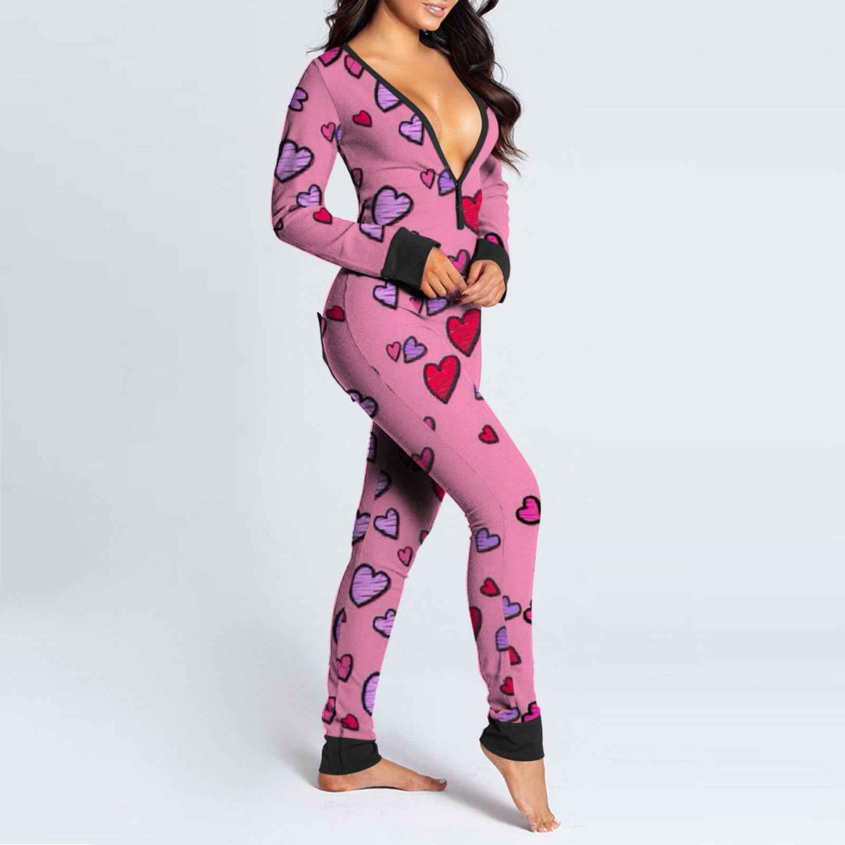 Sexy Women Pajamas Onesies Button-down Buttoned Flap Adults Pyjama Autumn Long Sleeve V-neck Jumpsuit Female Bodysuit Sleepwear